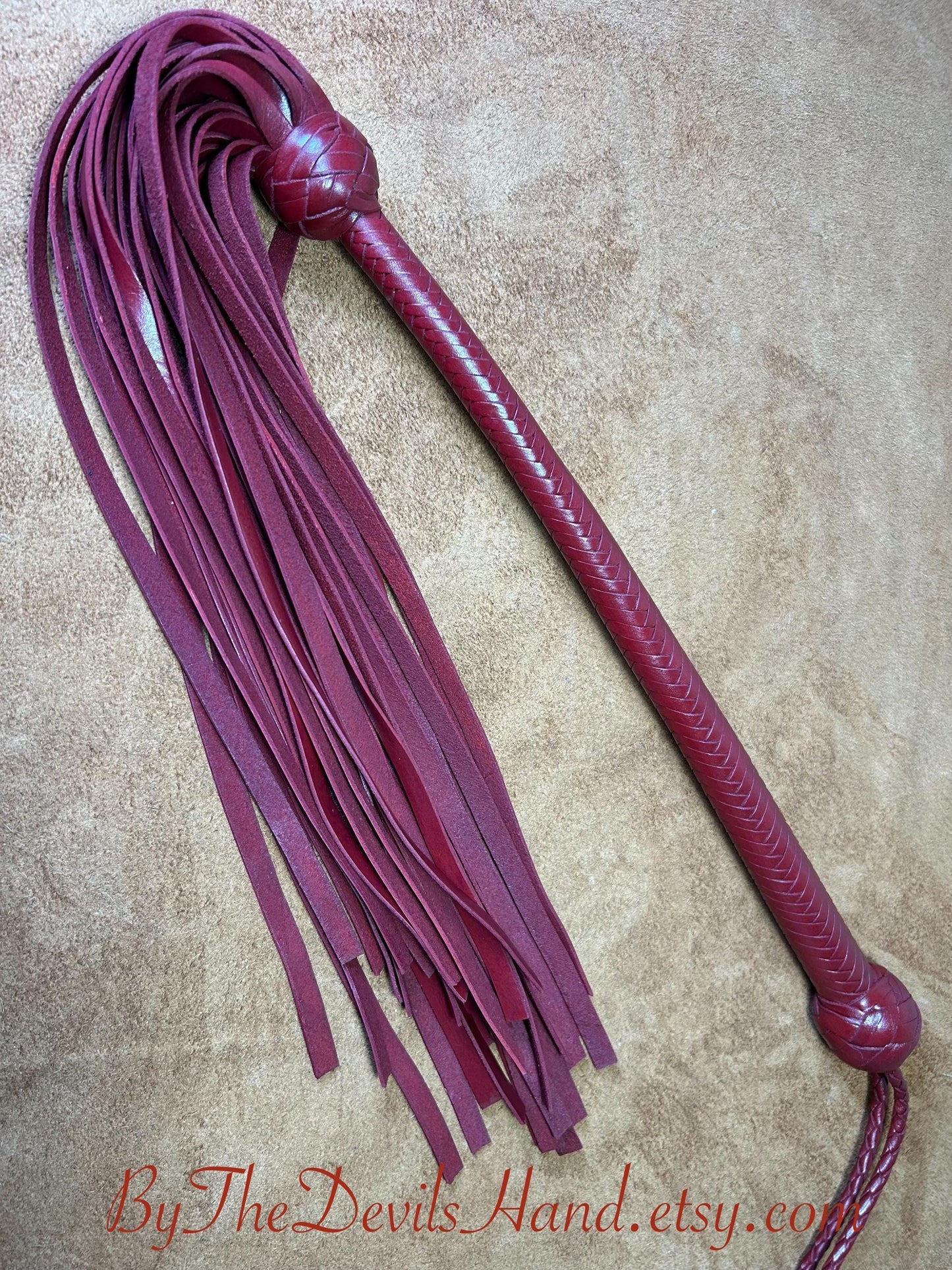 The Opus Flogger  Long Handle  Long Falls  Aztec Red  Lush Rich Color Leather  34 Inches