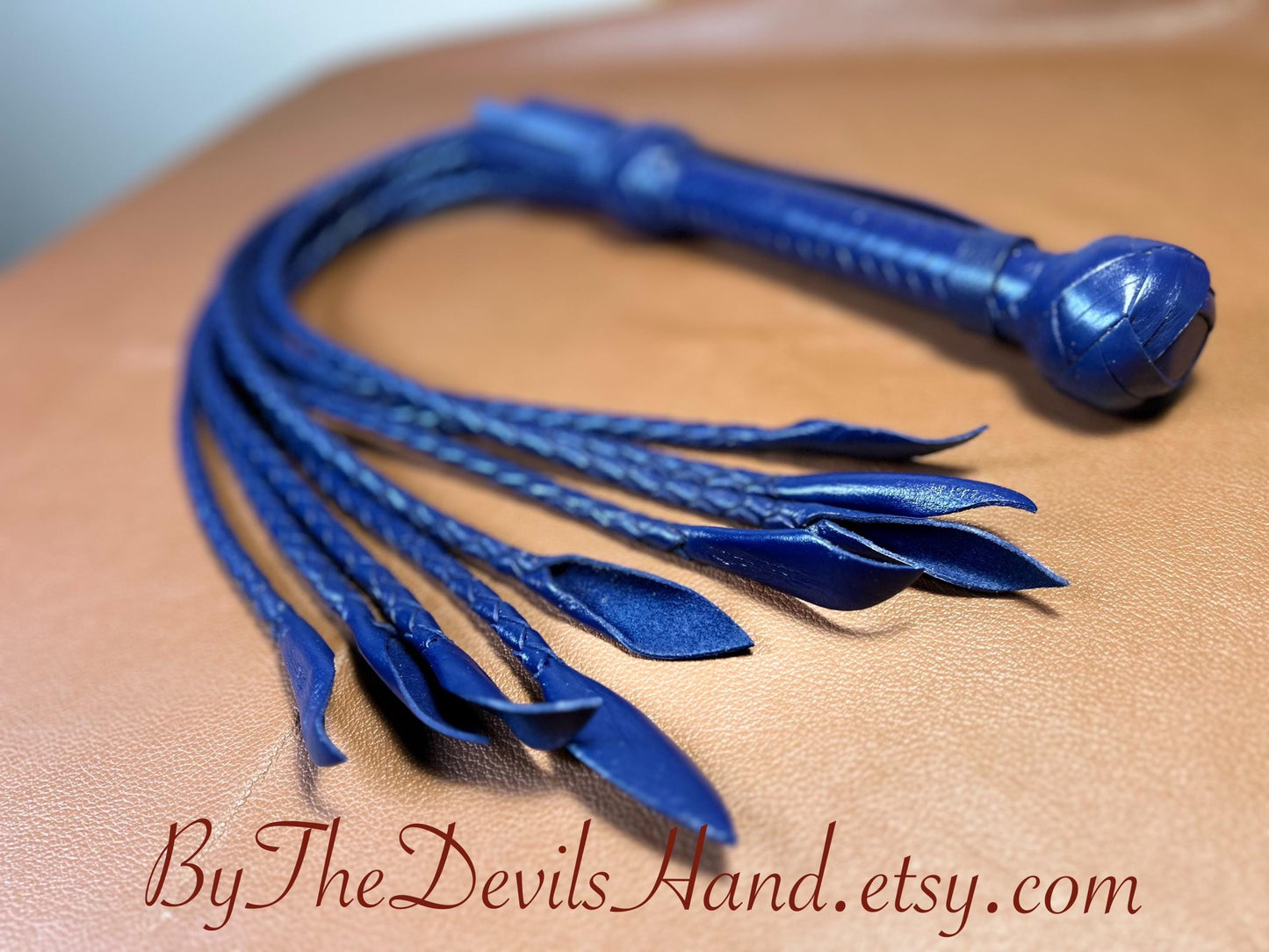 Cat Of Nine Tails  Short Handle  Midnight Blue  Lush Rich Color Leather  30 Inches  Cat O Nine Tails