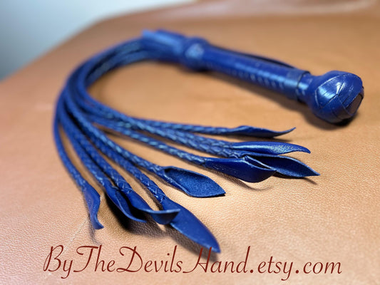 Cat Of Nine Tails  Short Handle  Midnight Blue  Lush Rich Color Leather  30 Inches  Cat O Nine Tails