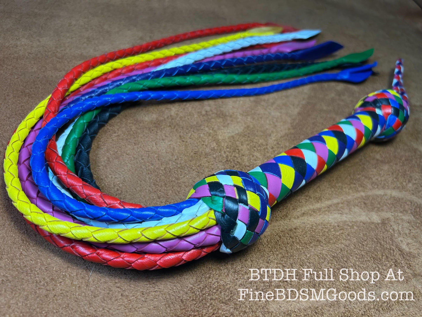 Cat Of Nine Tails  Short Handle  Rainbow  Vibrant Leather Colors  30 Inches  Cat O Nine Tails