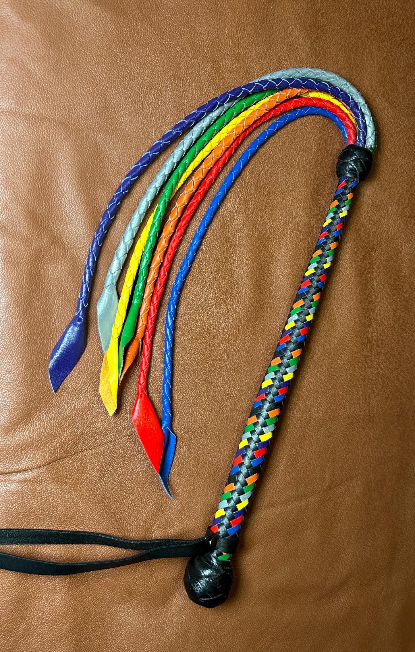 Long Handle Rainbow Flogger - Braided Falls - Cat O Seven Tails - 37 Inches