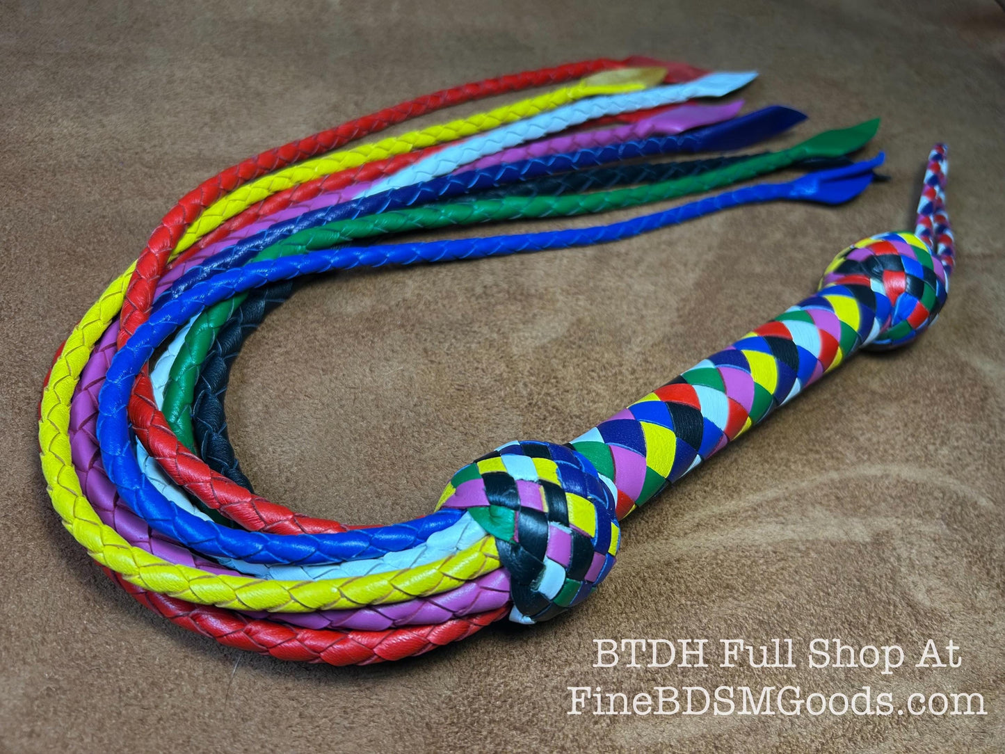 Cat Of Nine Tails  Short Handle  Rainbow  Vibrant Leather Colors  30 Inches  Cat O Nine Tails