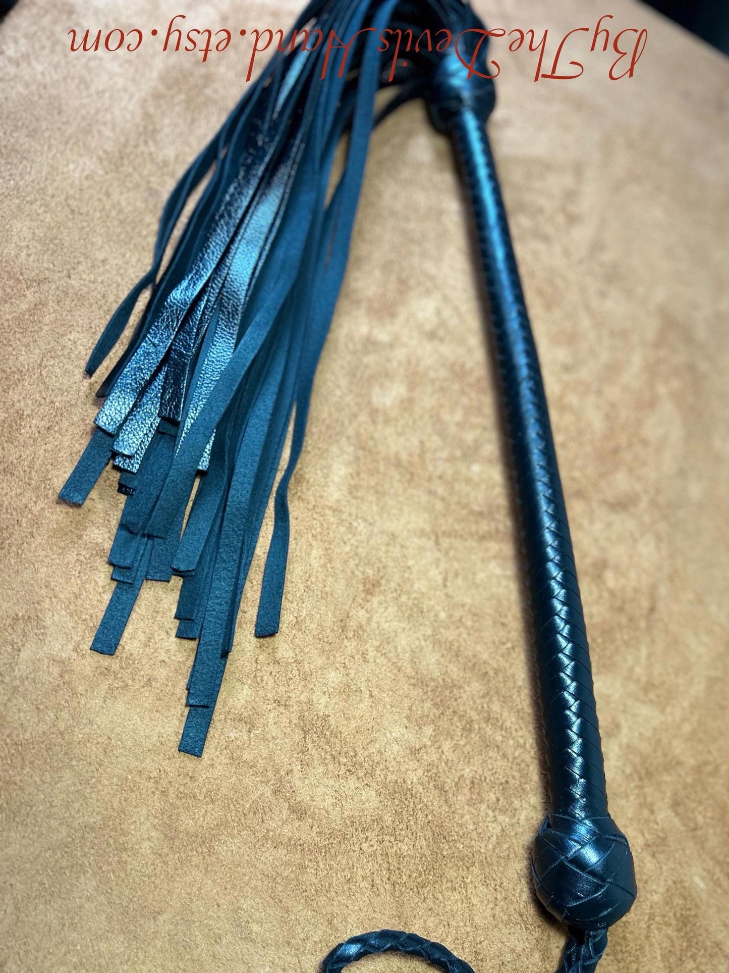 The Opus Flogger  Long Handle  Long Falls  Black Satin  Lush Rich Color Leather  34 Inches