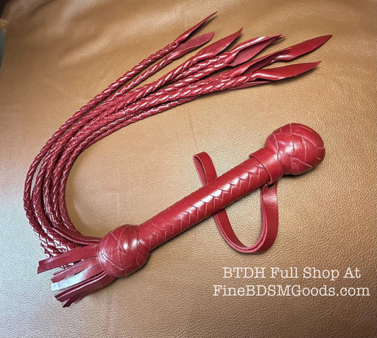 Cat Of Nine Tails  Short Handle  Aztec Red  Lush Rich Color Leather  30 Inches  Cat O Nine Tails