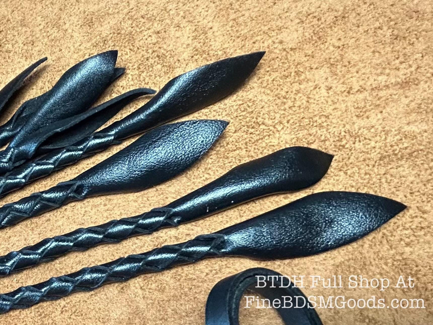 Cat Of Nine Tails  Short Handle  Black Satin  Lush Rich Color Leather  30 Inches  Cat O Nine Tails