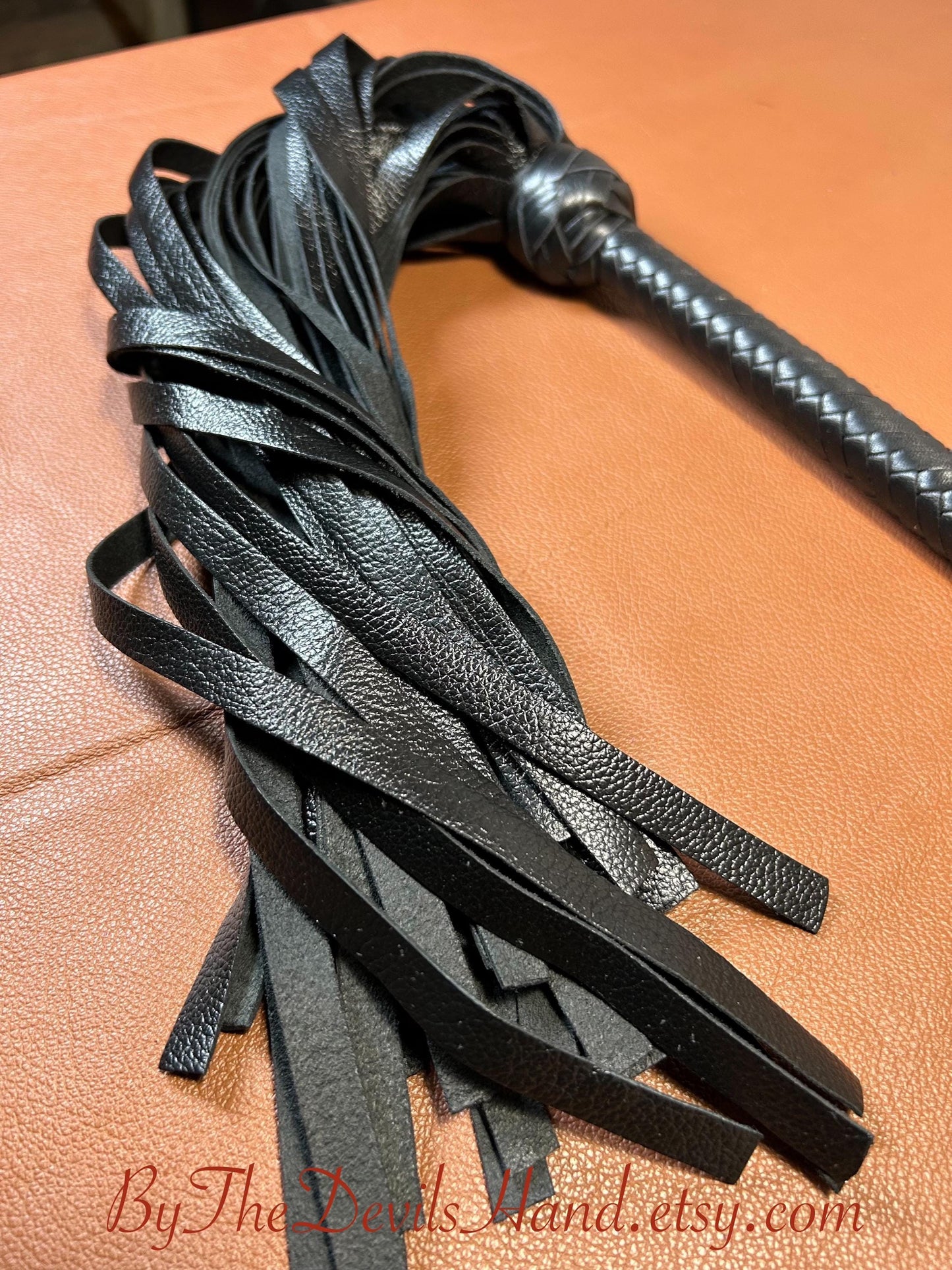 The Opus Flogger  Long Handle  Long Falls  Black Satin  Lush Rich Color Leather  34 Inches