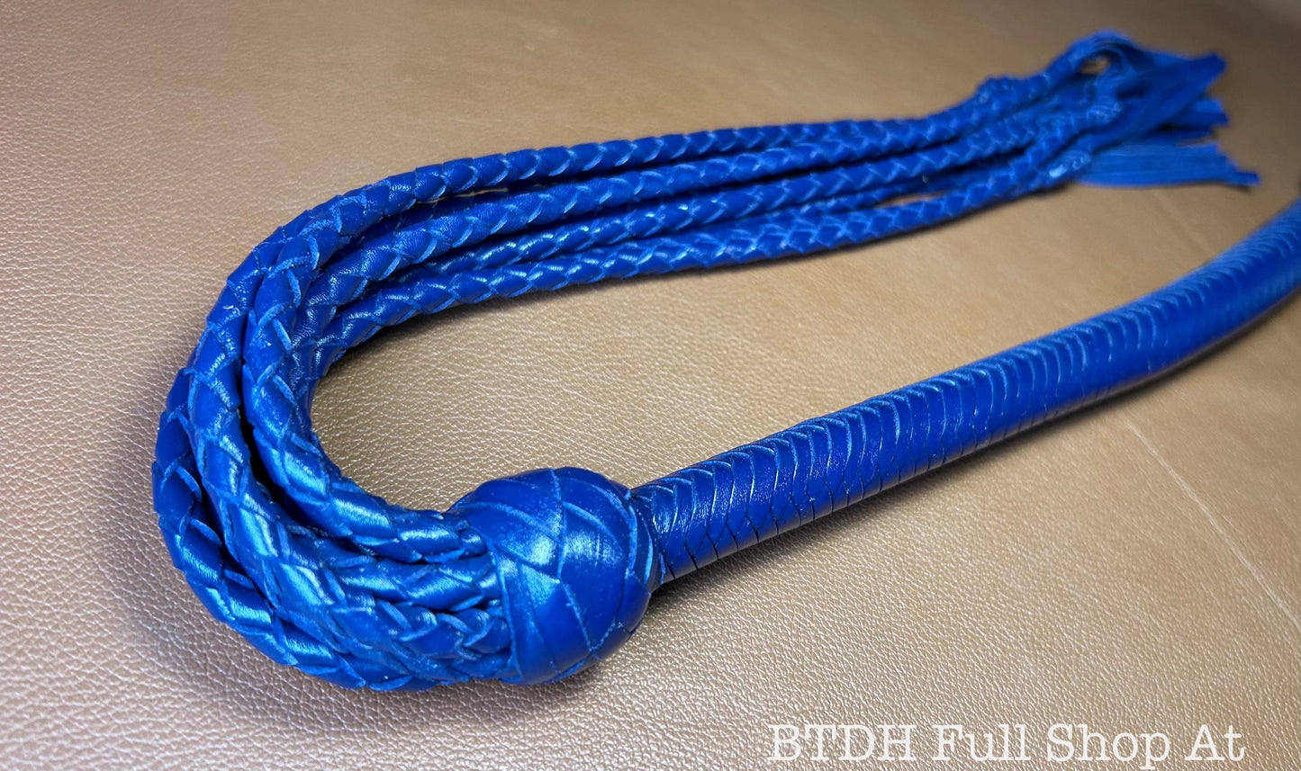 Cat Of Nine Tails  Long Handle  Midnight Blue  Lush Rich Color Leather  39 Inches  Cat O Nine Tails