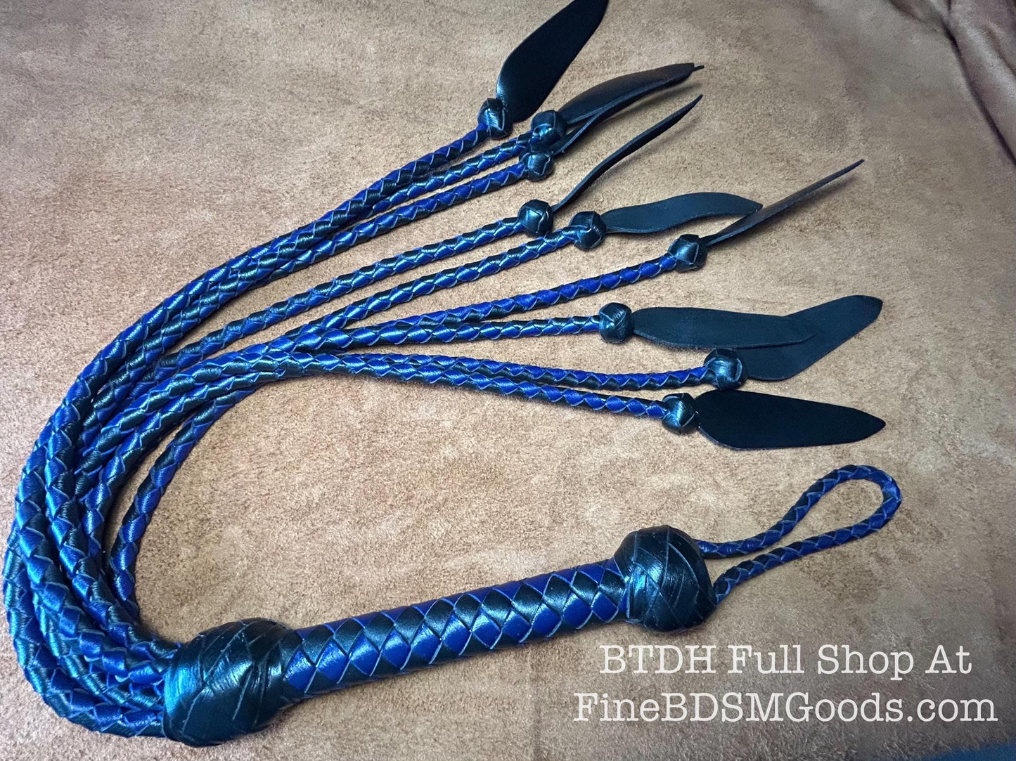 Dagger Tip Flogger  Two Color Midnight Blue Black Satin  Cat O Nine Tails  Wide Spade Shaped Tips  32 Inches