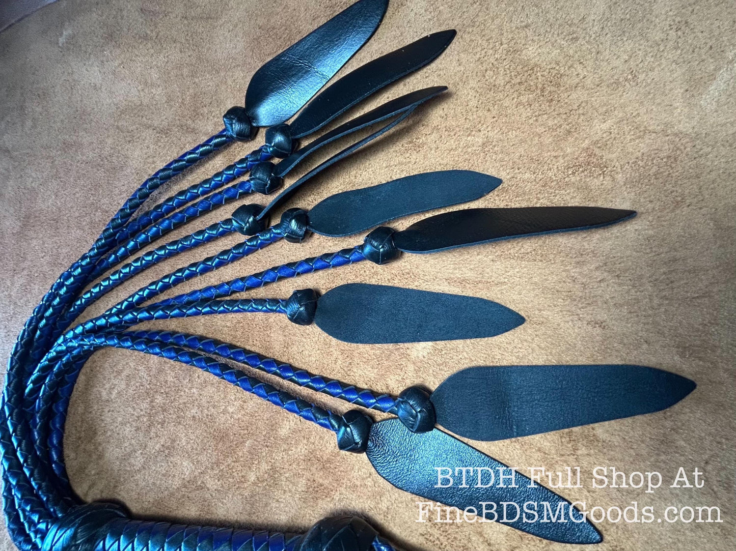Dagger Tip Flogger  Two Color Midnight Blue Black Satin  Cat O Nine Tails  Wide Spade Shaped Tips  32 Inches