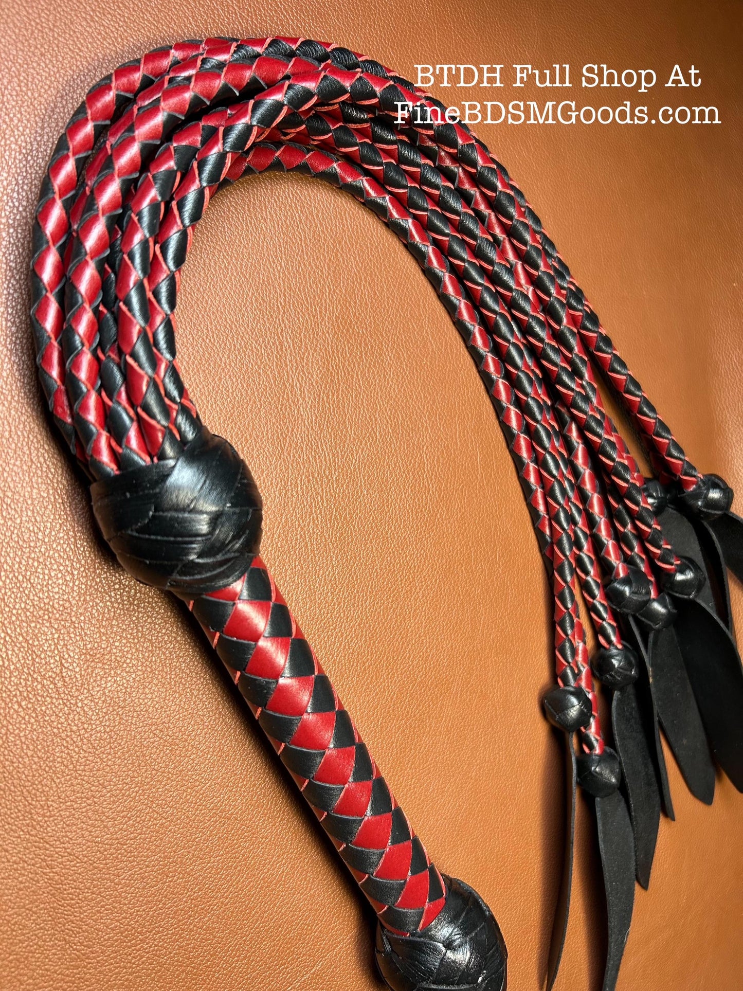 Dagger Tip Flogger  Two Color Aztec Red Black Satin  Cat O Nine Tails  Wide Spade Shaped Tips  32 Inches