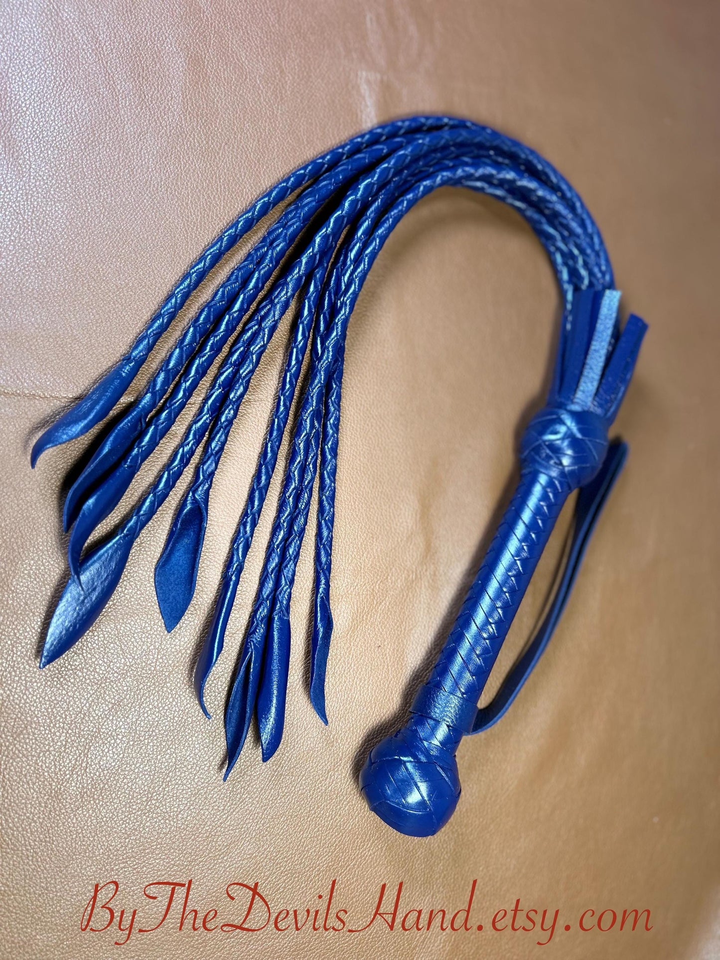 Cat Of Nine Tails  Short Handle  Midnight Blue  Lush Rich Color Leather  30 Inches  Cat O Nine Tails