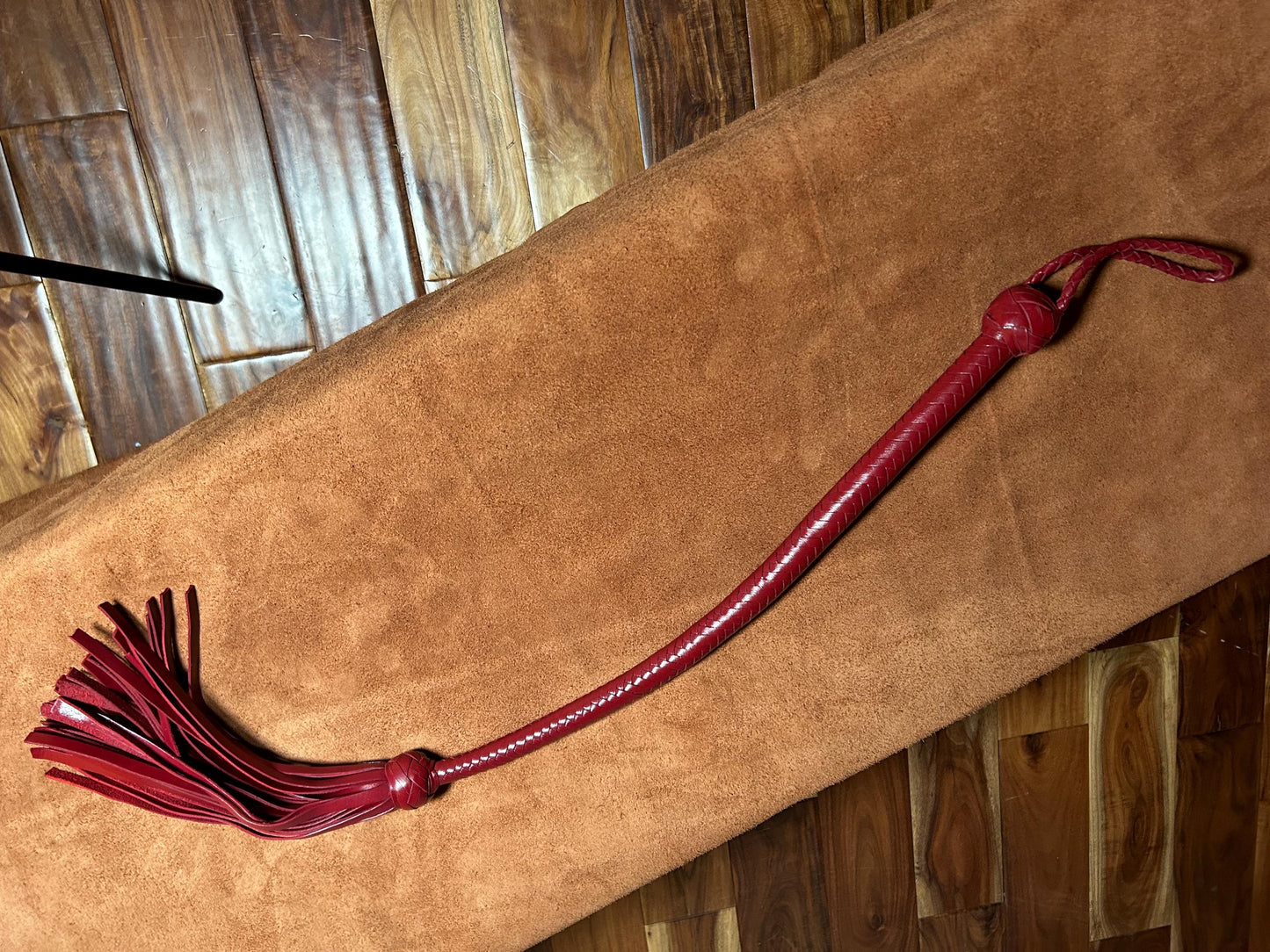 Lollipop Flogger - Long Handle Aztec Red - Lush Rich Color Leather - 34 Inches