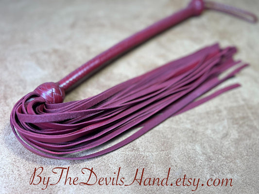 The Opus Flogger  Long Handle  Long Falls  Aztec Red  Lush Rich Color Leather  34 Inches