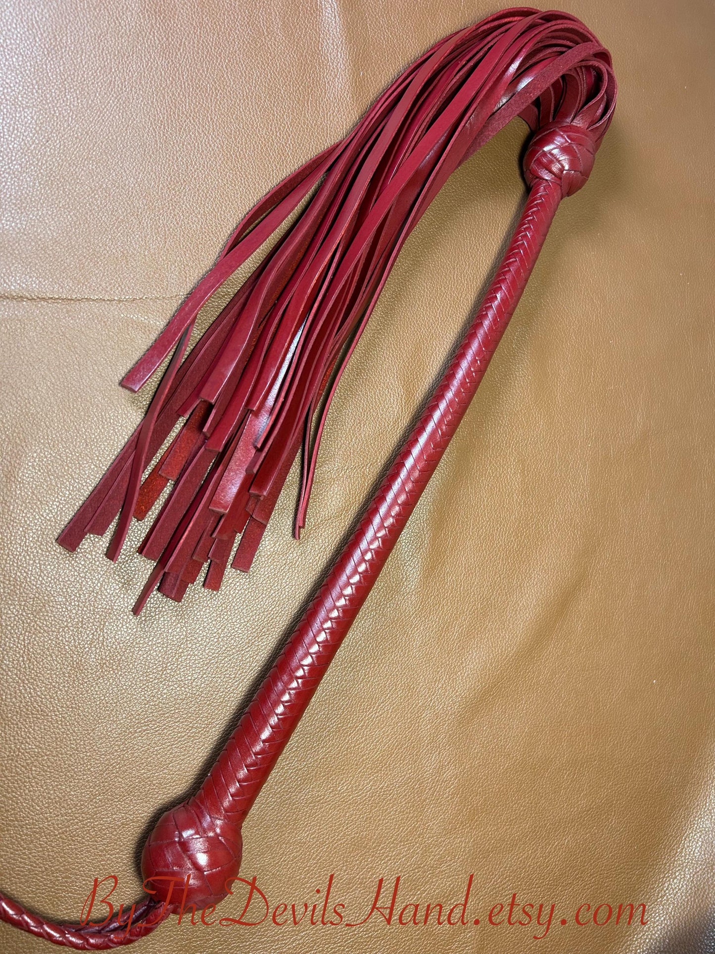 The Opus Flogger  Long Handle  Long Falls  Aztec Red  Lush Rich Color Leather  34 Inches