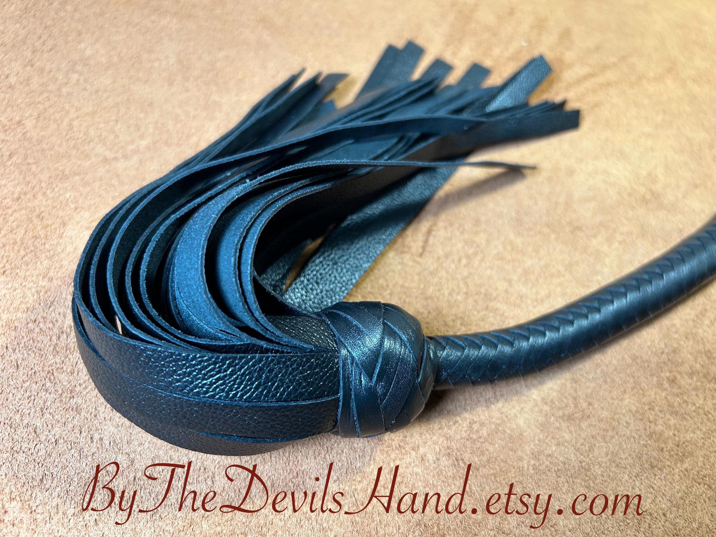 Lollipop Flogger - Long Handle Black Satin - Lush Rich Color Leather - 34 Inches