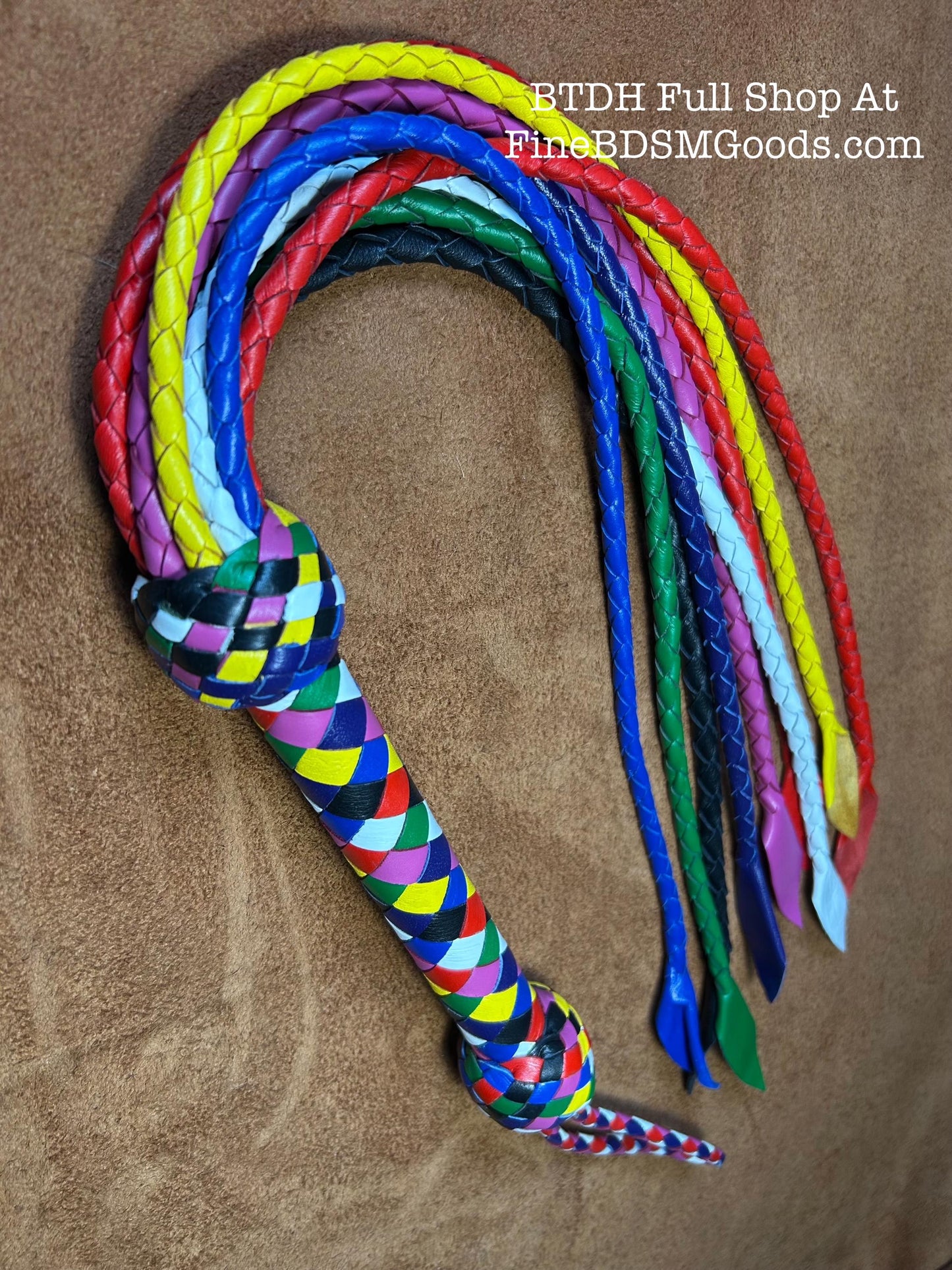 Cat Of Nine Tails  Short Handle  Rainbow  Vibrant Leather Colors  30 Inches  Cat O Nine Tails