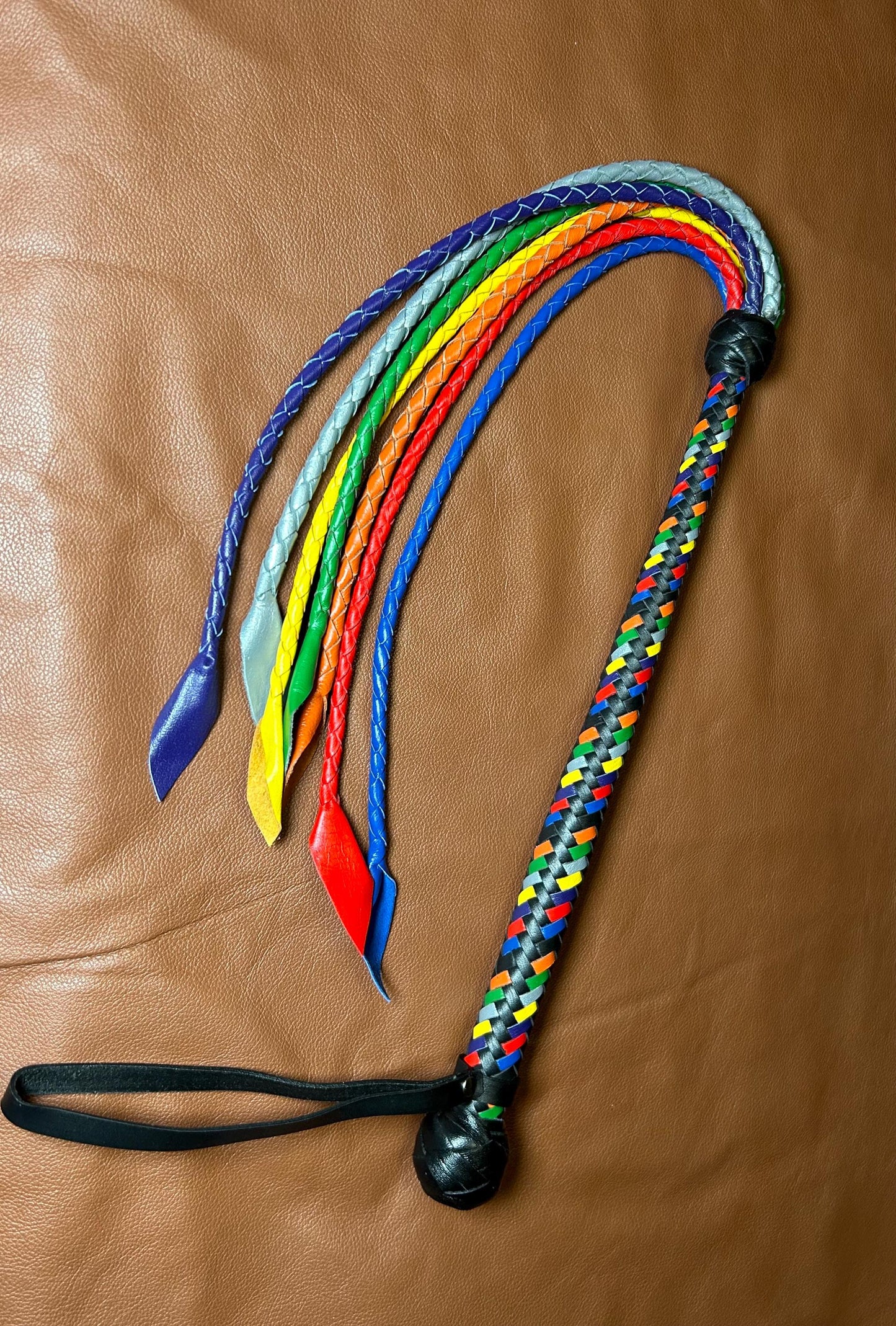 Long Handle Rainbow Flogger - Braided Falls - Cat O Seven Tails - 37 Inches