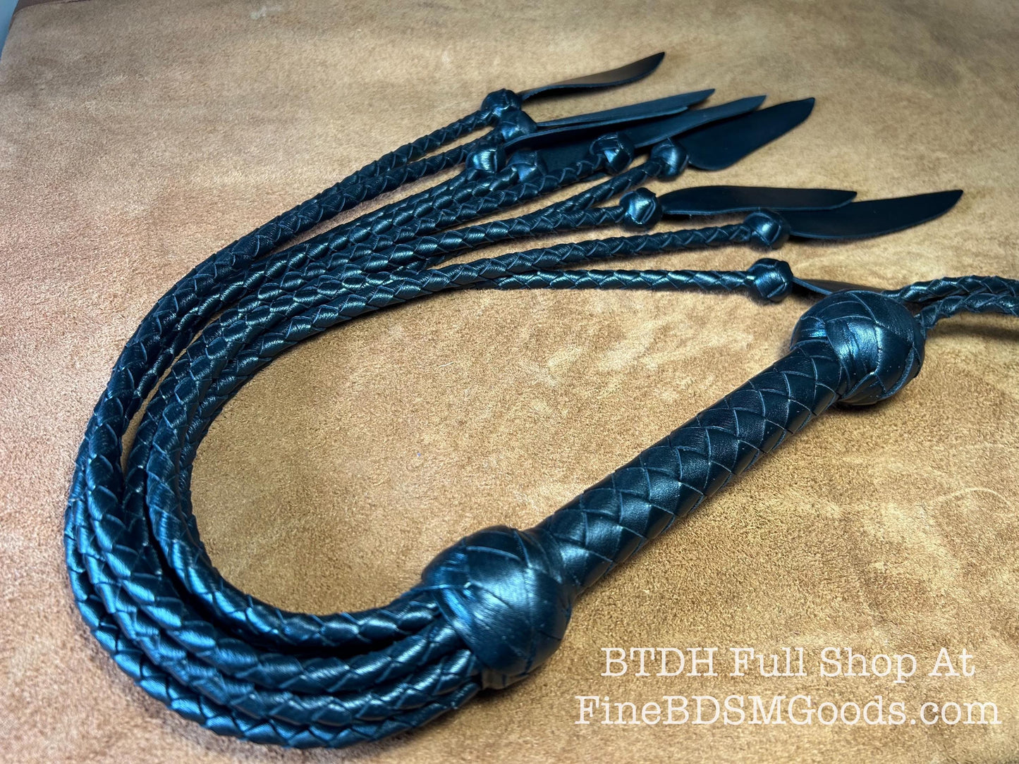 Dagger Tip Flogger  All Black Satin  Cat O Nine Tails  Wide Spade Shaped Tips  32 Inches