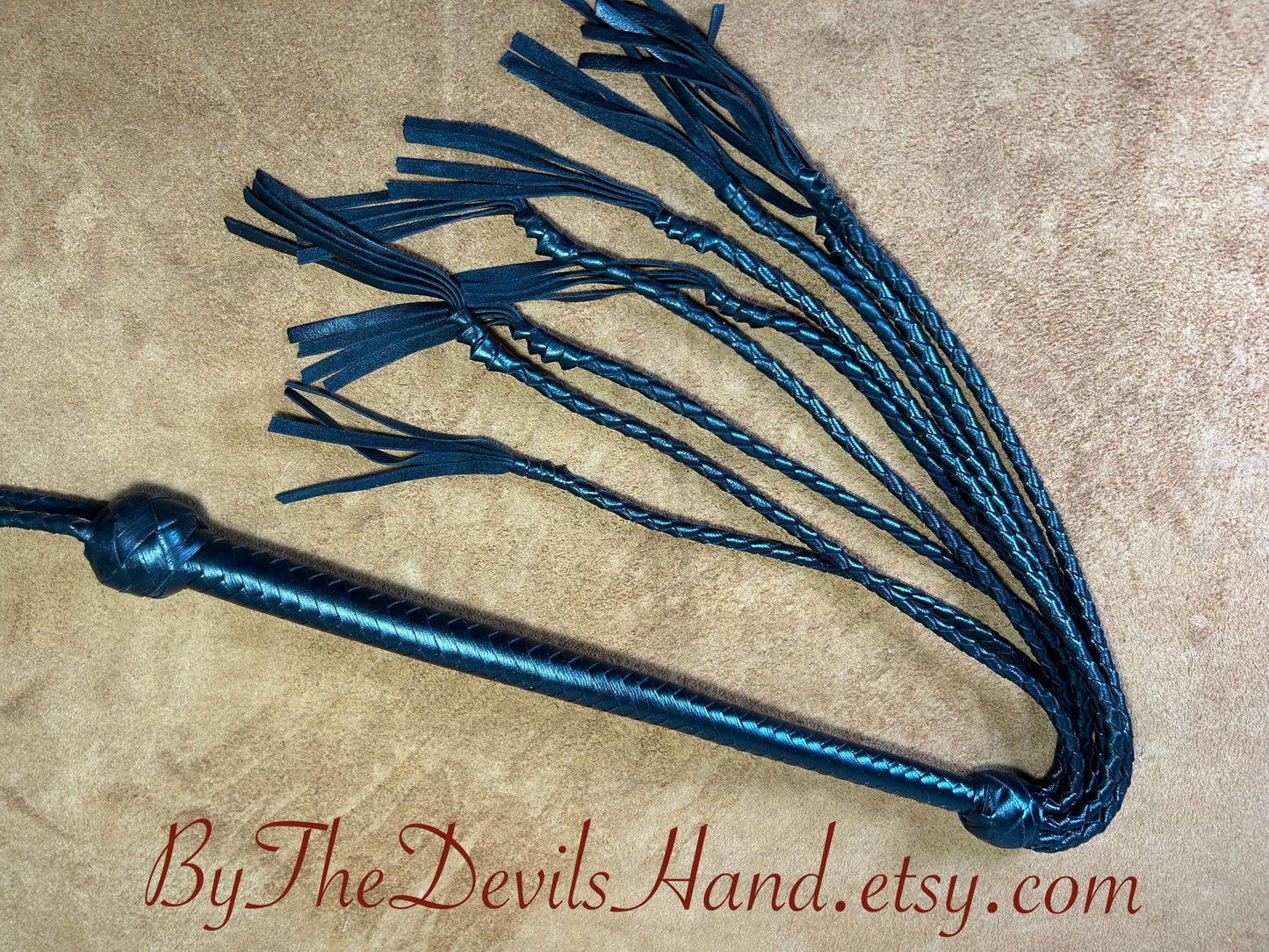 Cat Of Nine Tails  Long Handle  Black Satin  Lush Rich Color Leather  39 Inches  Cat O Nine Tails