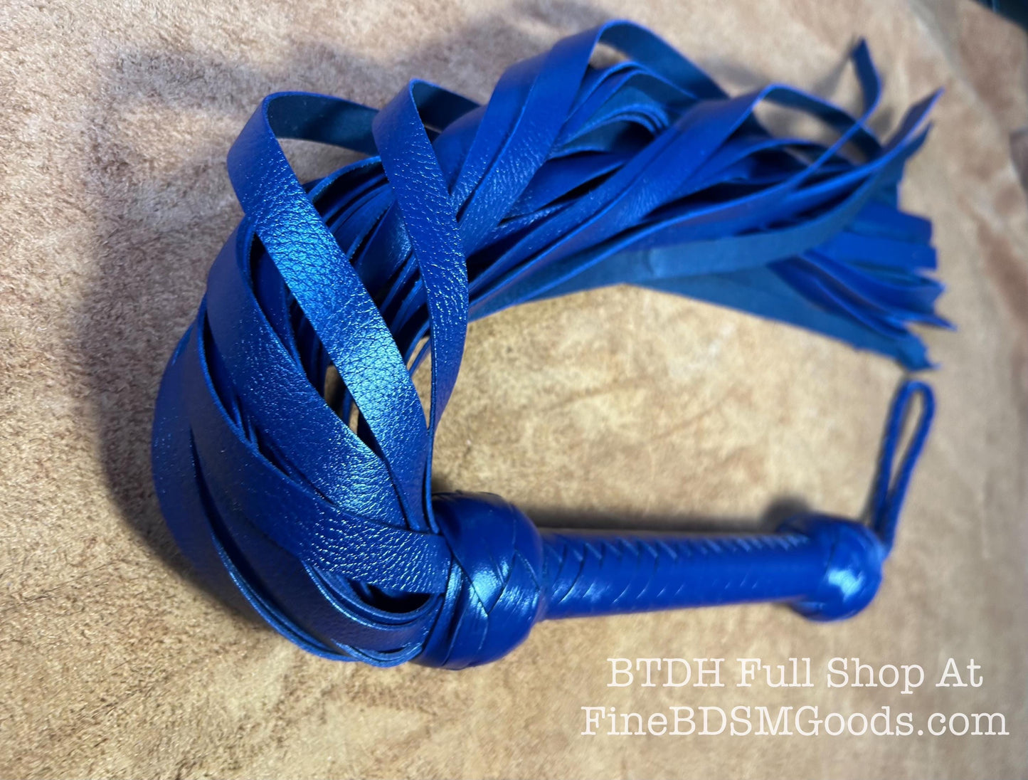 Classic Short Handle Flogger  Midnight Blue Lush Leather  Elegant Timeless Luxury  29 Inches