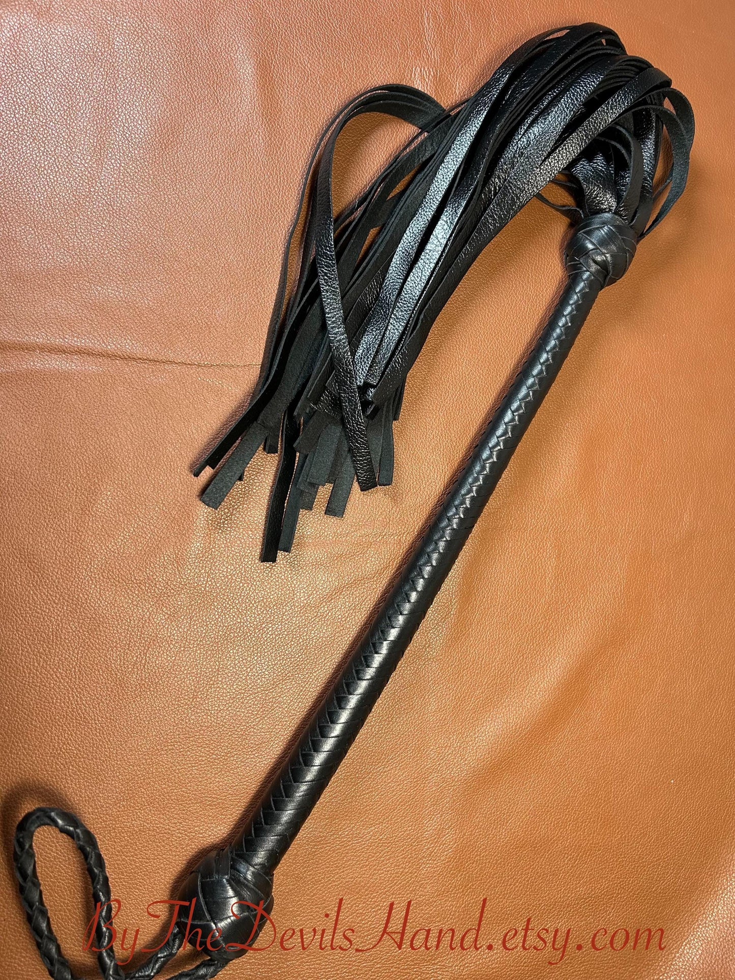 The Opus Flogger  Long Handle  Long Falls  Black Satin  Lush Rich Color Leather  34 Inches