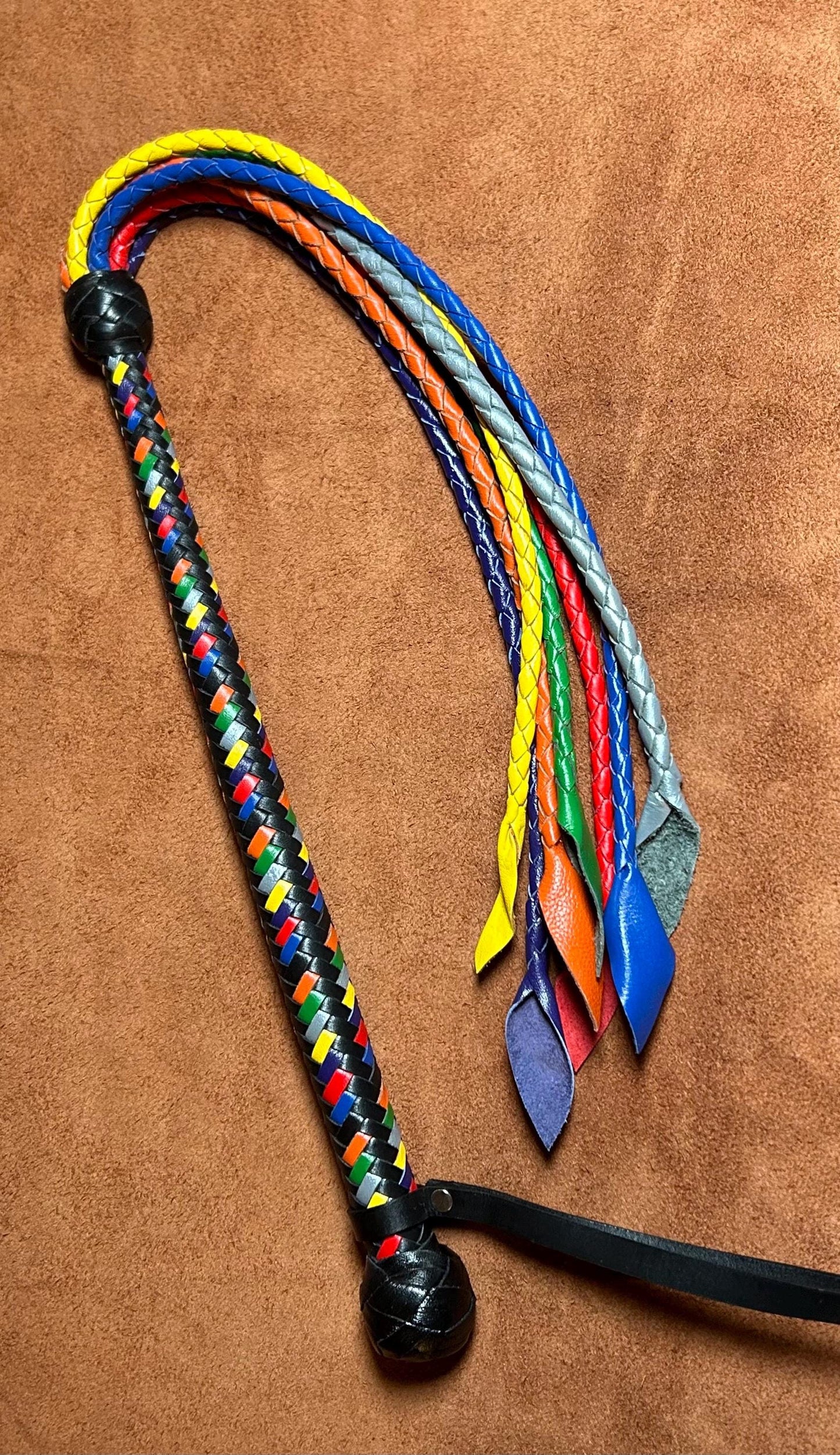 Long Handle Rainbow Flogger - Braided Falls - Cat O Seven Tails - 37 Inches