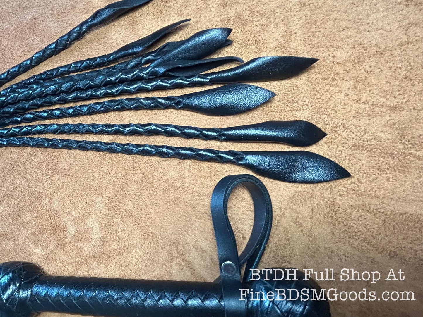 Cat Of Nine Tails  Short Handle  Black Satin  Lush Rich Color Leather  30 Inches  Cat O Nine Tails