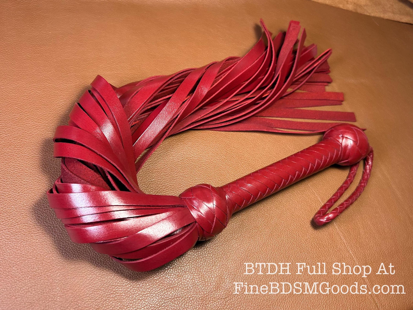 Classic Short Handle Flogger  Aztec Red Lush Leather  Elegant Timeless Luxury  29 Inches