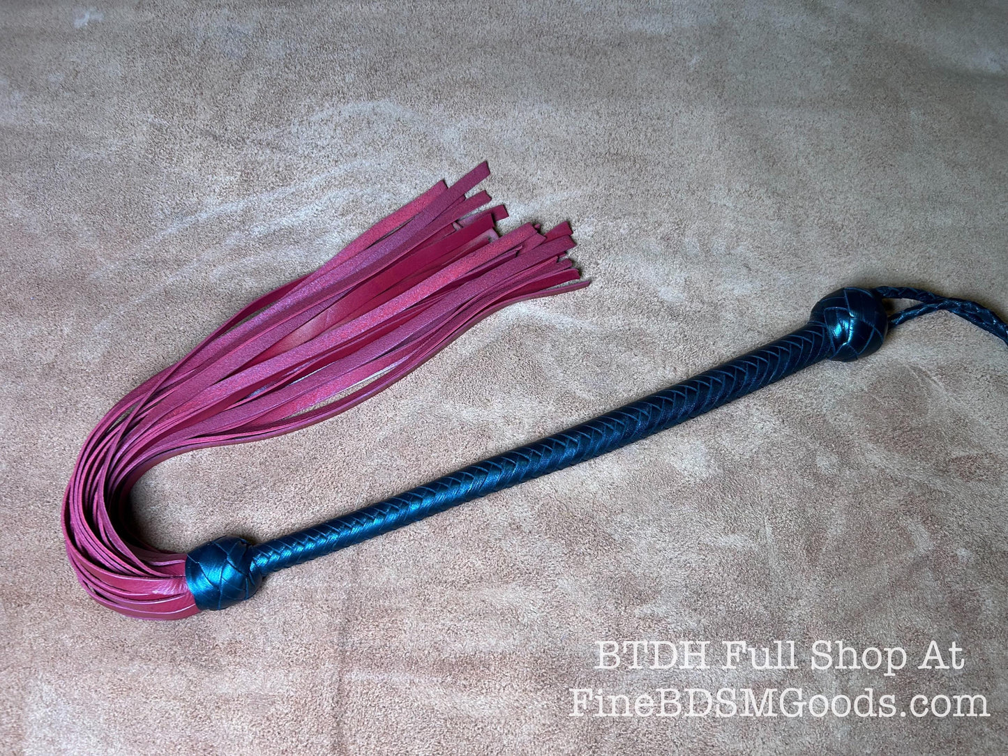 The Opus Flogger  Two Color Long Handle  Long Falls  Black Satin Aztec Red  Lush Rich Color Leather  34 Inches