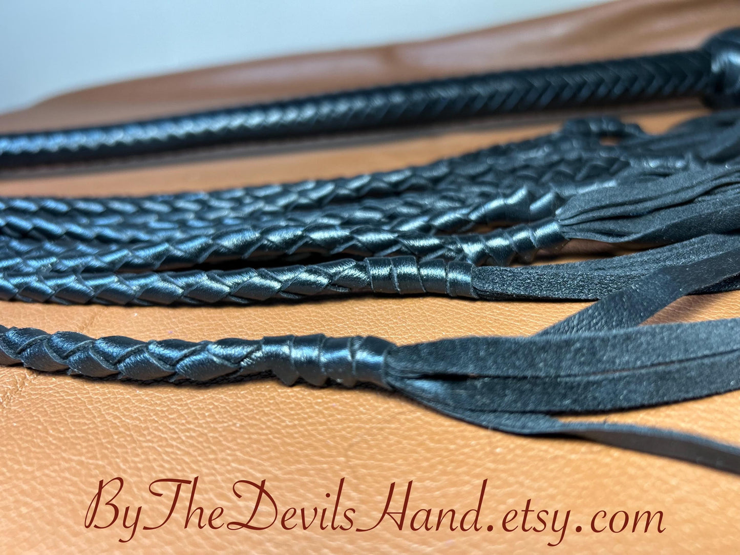 Cat Of Nine Tails  Long Handle  Black Satin  Lush Rich Color Leather  39 Inches  Cat O Nine Tails