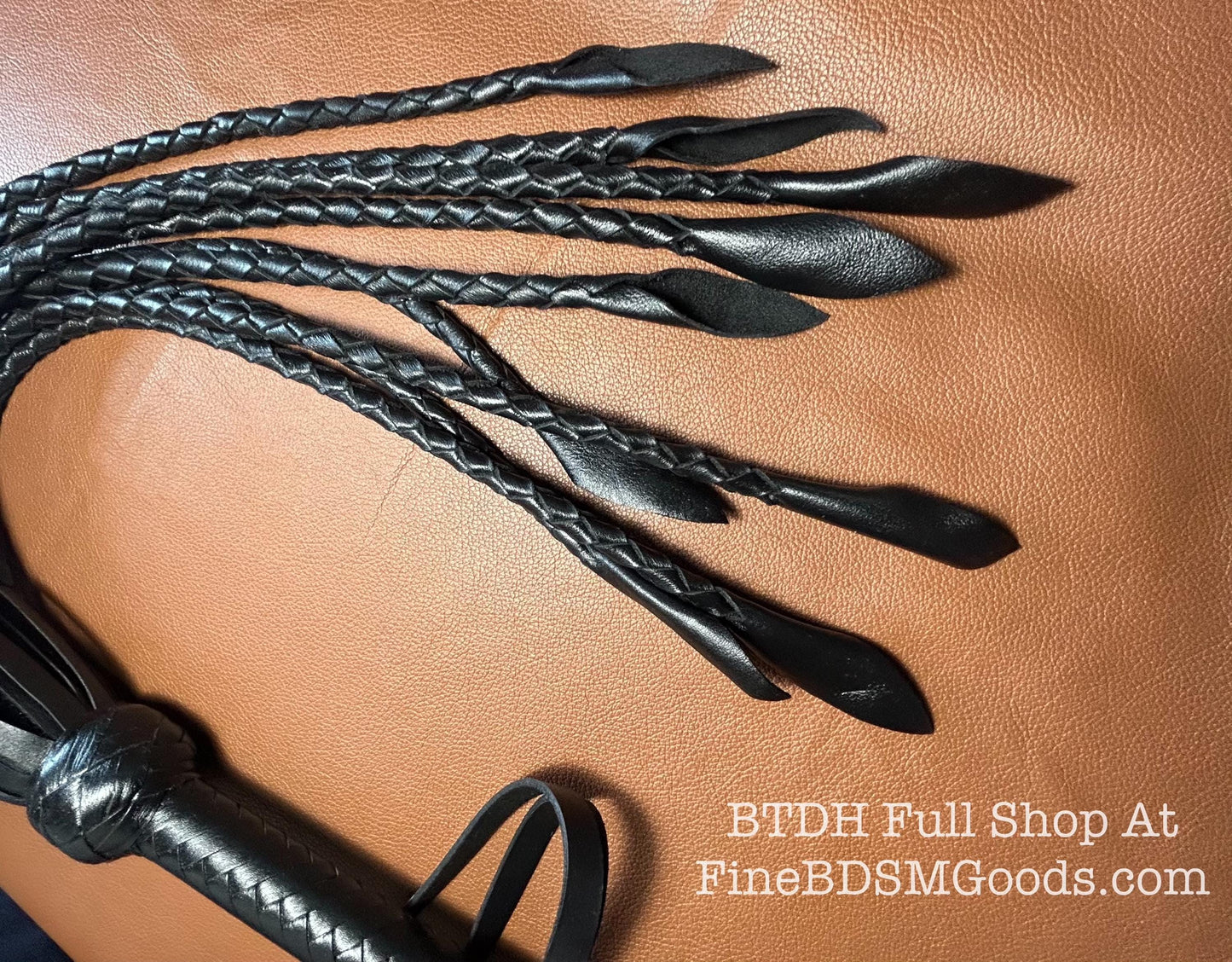 Cat Of Nine Tails  Short Handle  Black Satin  Lush Rich Color Leather  30 Inches  Cat O Nine Tails