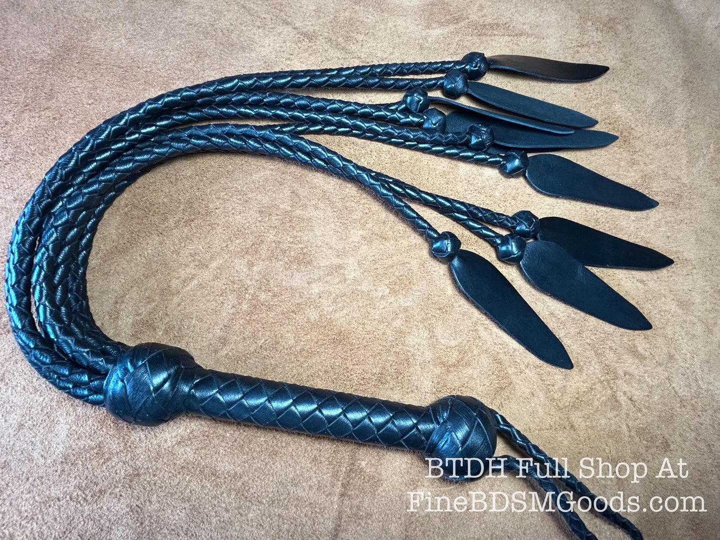 Dagger Tip Flogger  All Black Satin  Cat O Nine Tails  Wide Spade Shaped Tips  32 Inches