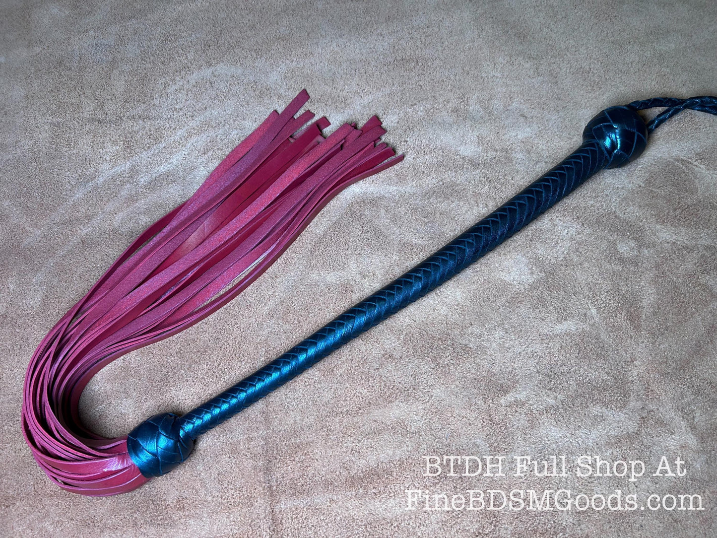 The Opus Flogger  Two Color Long Handle  Long Falls  Black Satin Aztec Red  Lush Rich Color Leather  34 Inches