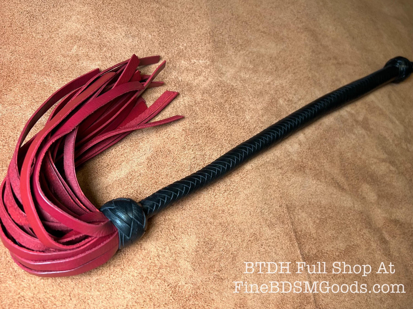 Lollipop Flogger - Two Color Long Handle Black Satin Aztec Red - Lush Rich Color Leather - 34 Inches