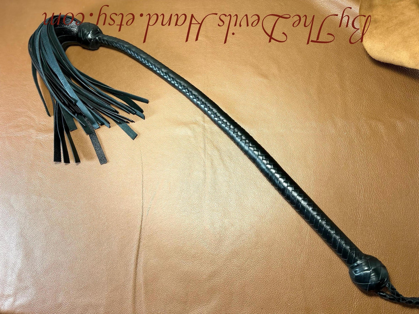 Lollipop Flogger - Long Handle Black Satin - Lush Rich Color Leather - 34 Inches