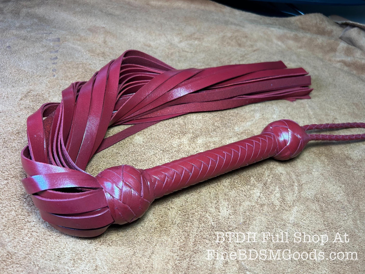 Classic Short Handle Flogger  Aztec Red Lush Leather  Elegant Timeless Luxury  29 Inches