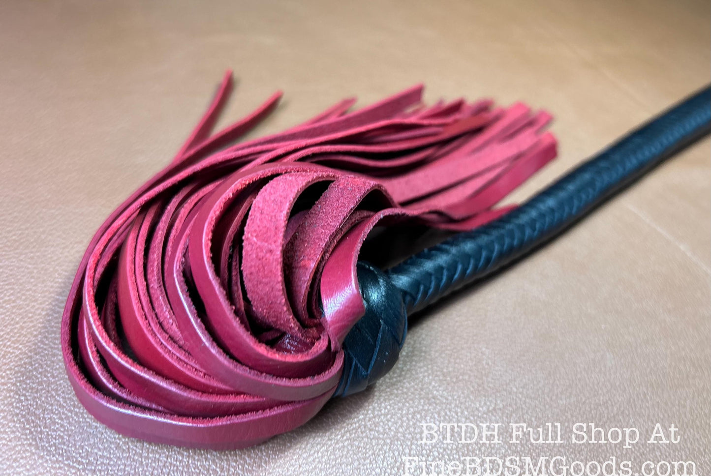 Lollipop Flogger - Two Color Long Handle Black Satin Aztec Red - Lush Rich Color Leather - 34 Inches