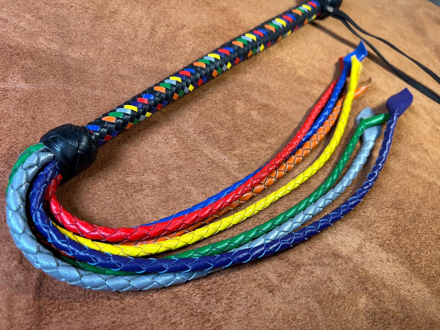 Long Handle Rainbow Flogger - Braided Falls - Cat O Seven Tails - 37 Inches