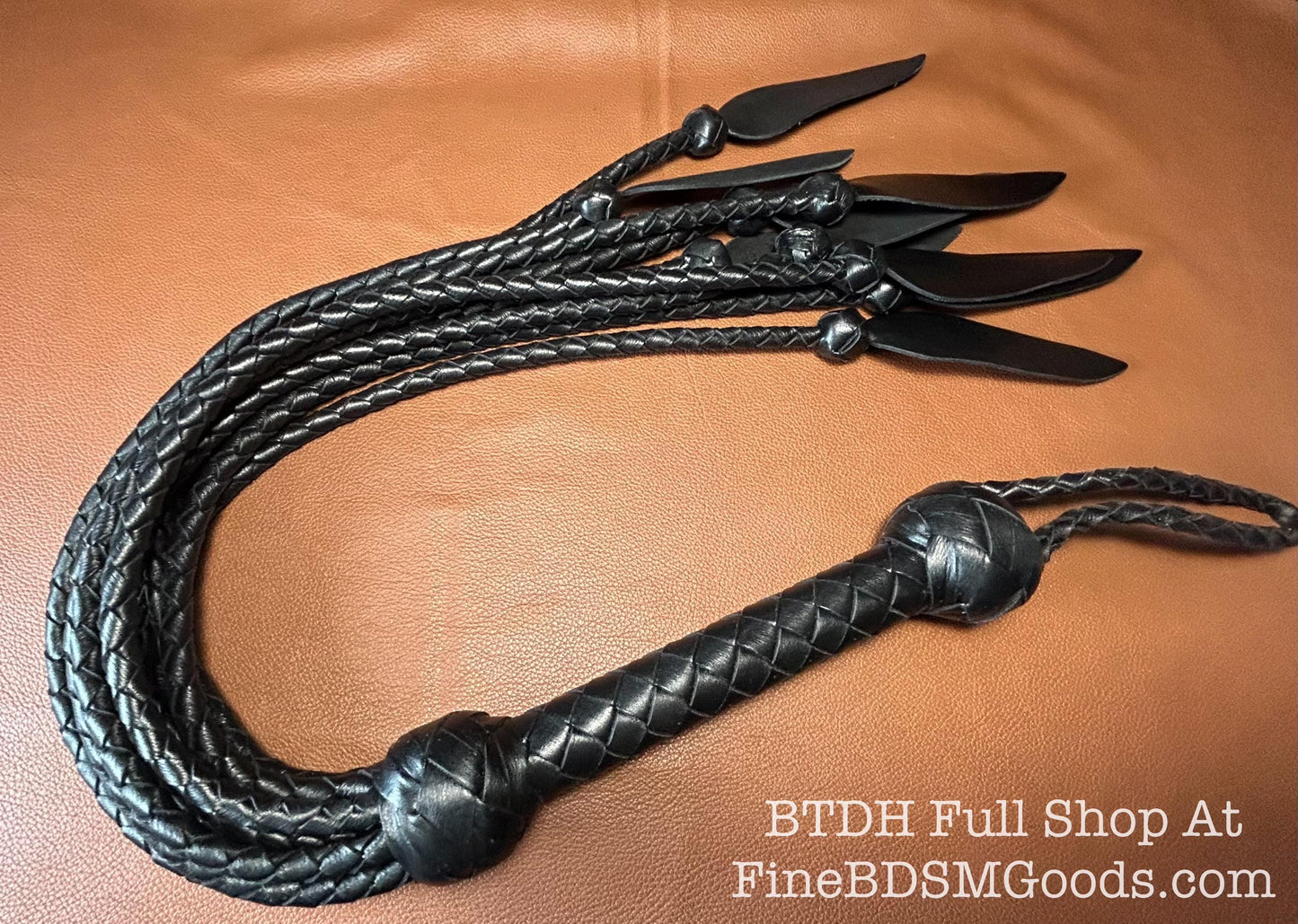 Dagger Tip Flogger  All Black Satin  Cat O Nine Tails  Wide Spade Shaped Tips  32 Inches