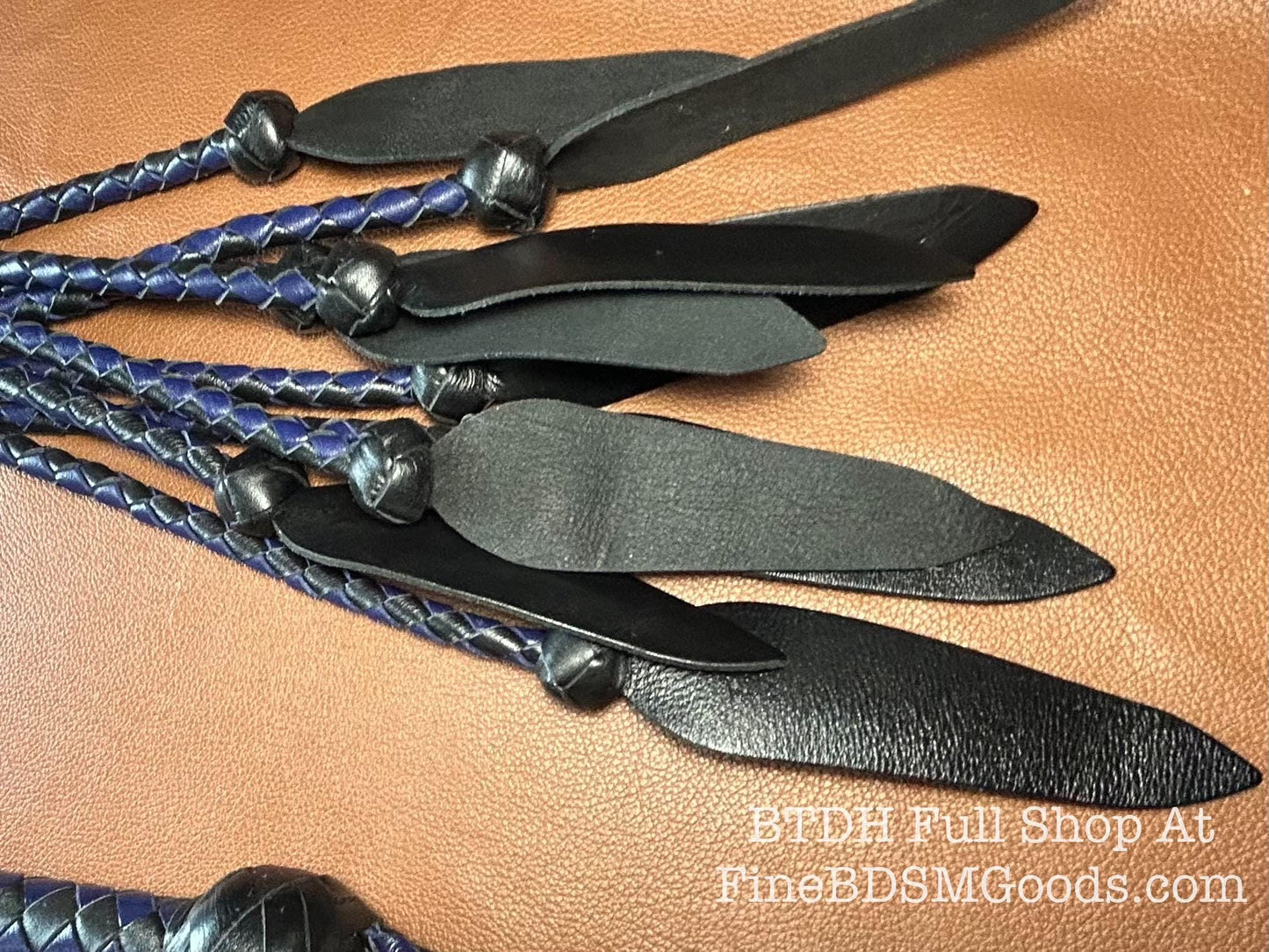 Dagger Tip Flogger  Two Color Midnight Blue Black Satin  Cat O Nine Tails  Wide Spade Shaped Tips  32 Inches