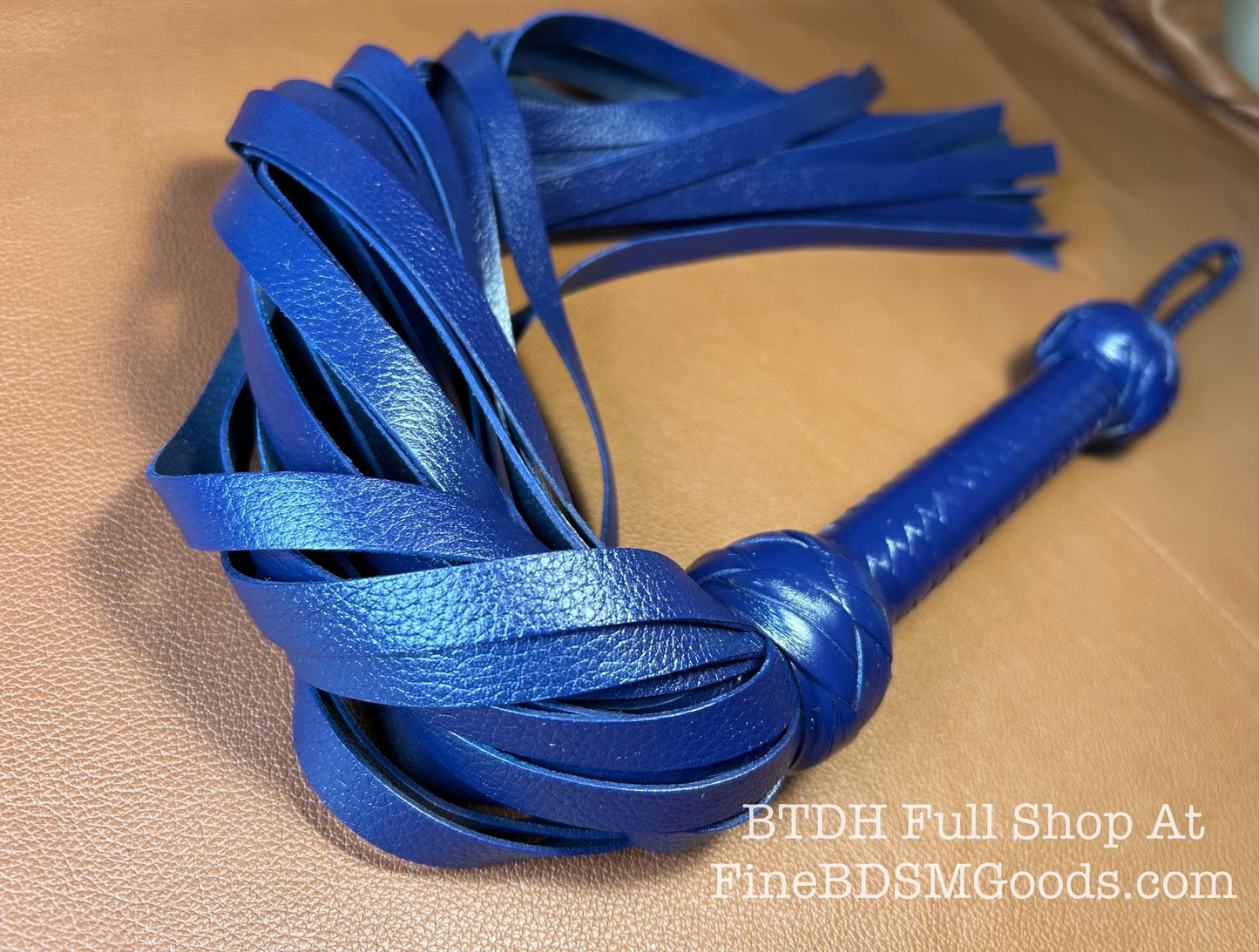 Classic Short Handle Flogger  Midnight Blue Lush Leather  Elegant Timeless Luxury  29 Inches