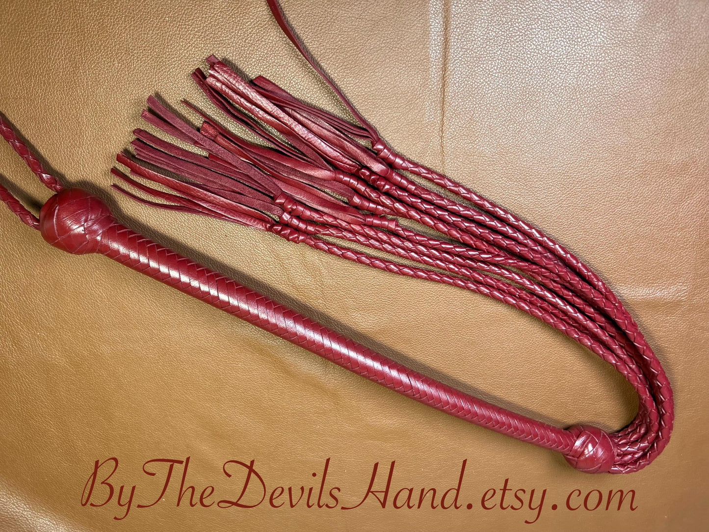 Cat Of Nine Tails  Long Handle  Aztec Red  Lush Rich Color Leather  39 Inches  Cat O Nine Tails