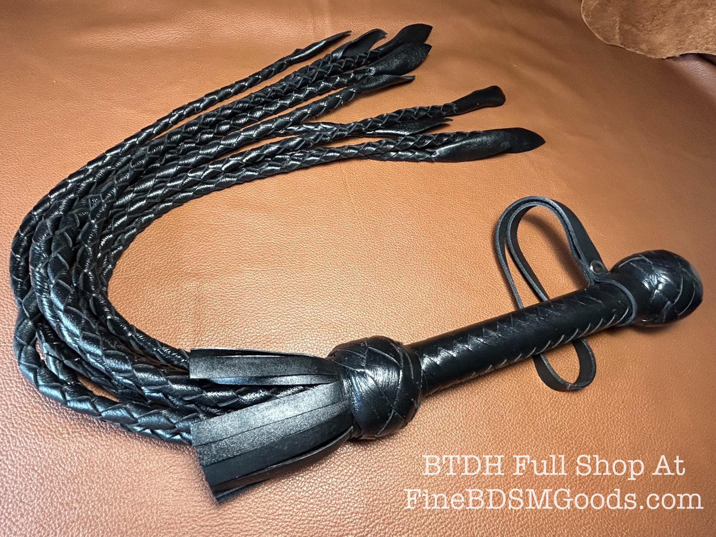 Cat Of Nine Tails  Short Handle  Black Satin  Lush Rich Color Leather  30 Inches  Cat O Nine Tails