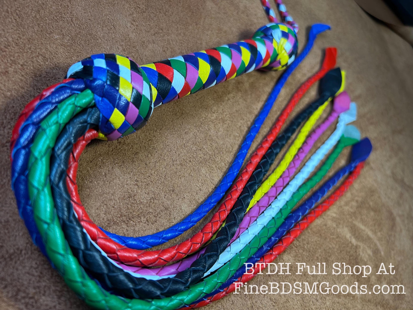 Cat Of Nine Tails  Short Handle  Rainbow  Vibrant Leather Colors  30 Inches  Cat O Nine Tails