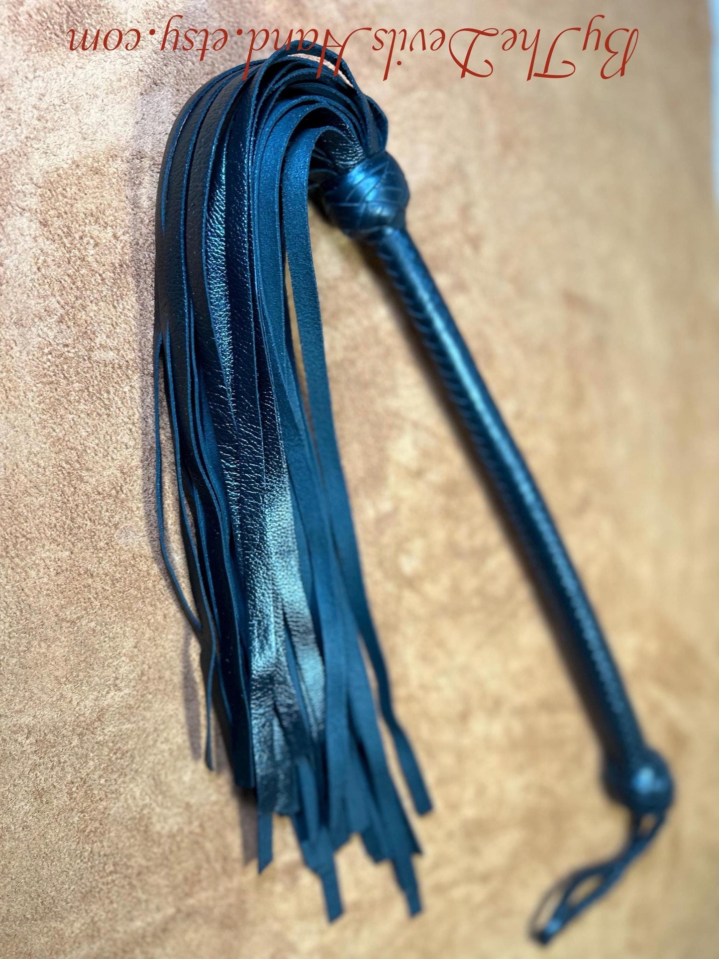 The Opus Flogger  Long Handle  Long Falls  Black Satin  Lush Rich Color Leather  34 Inches