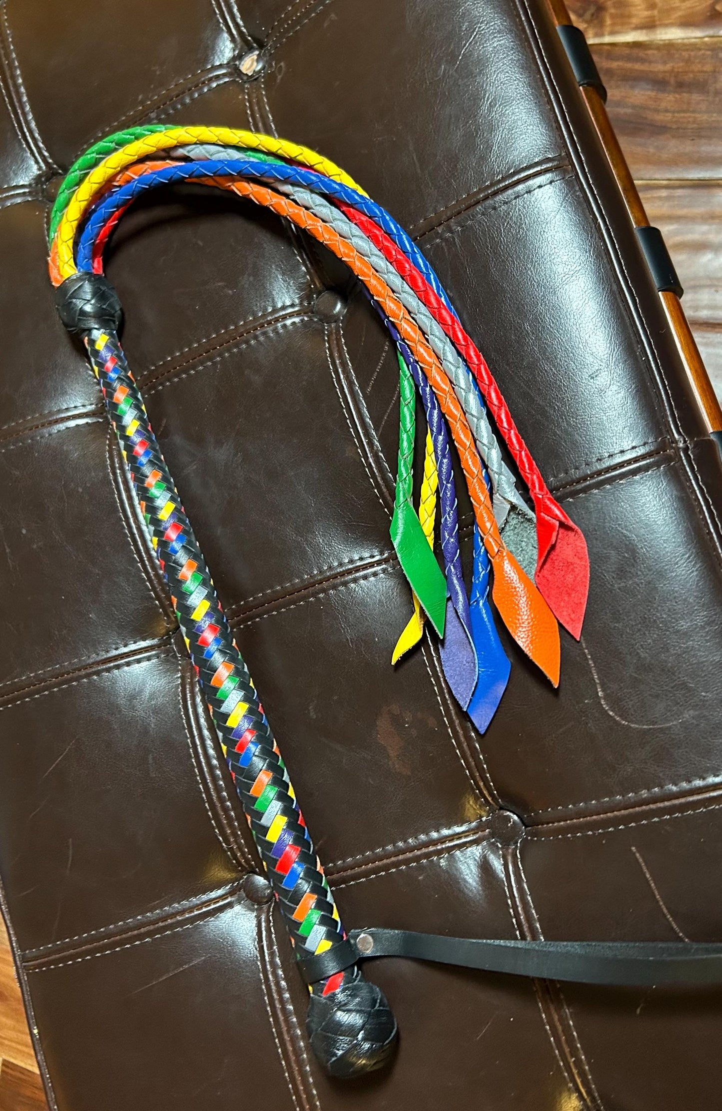 Long Handle Rainbow Flogger - Braided Falls - Cat O Seven Tails - 37 Inches