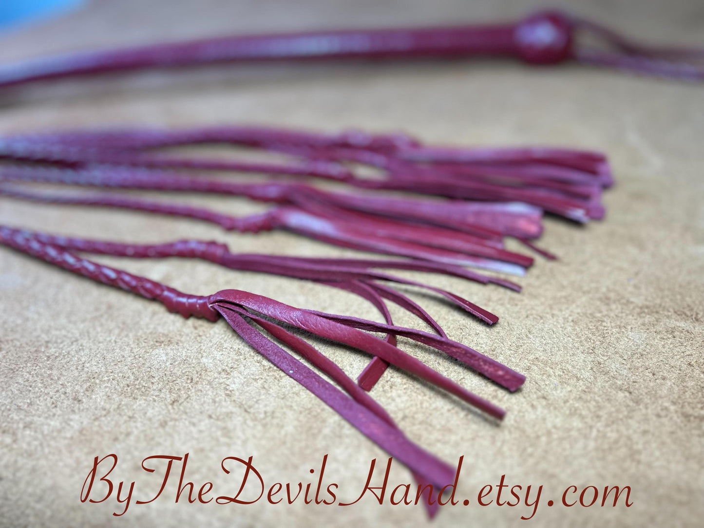 Cat Of Nine Tails  Long Handle  Aztec Red  Lush Rich Color Leather  39 Inches  Cat O Nine Tails