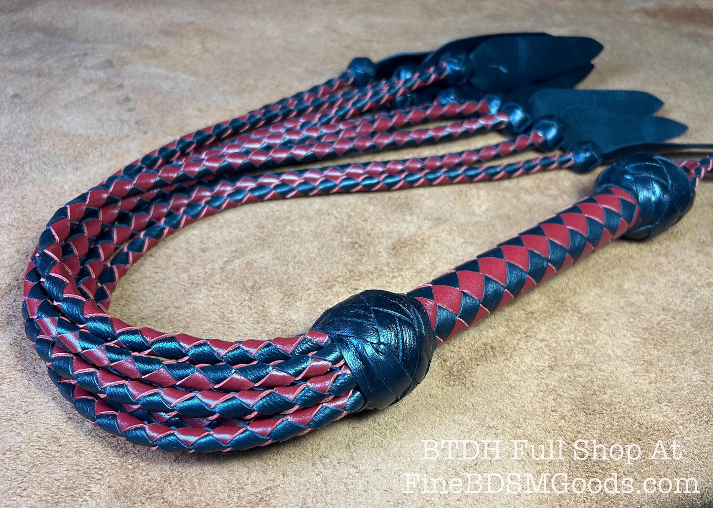 Dagger Tip Flogger  Two Color Aztec Red Black Satin  Cat O Nine Tails  Wide Spade Shaped Tips  32 Inches