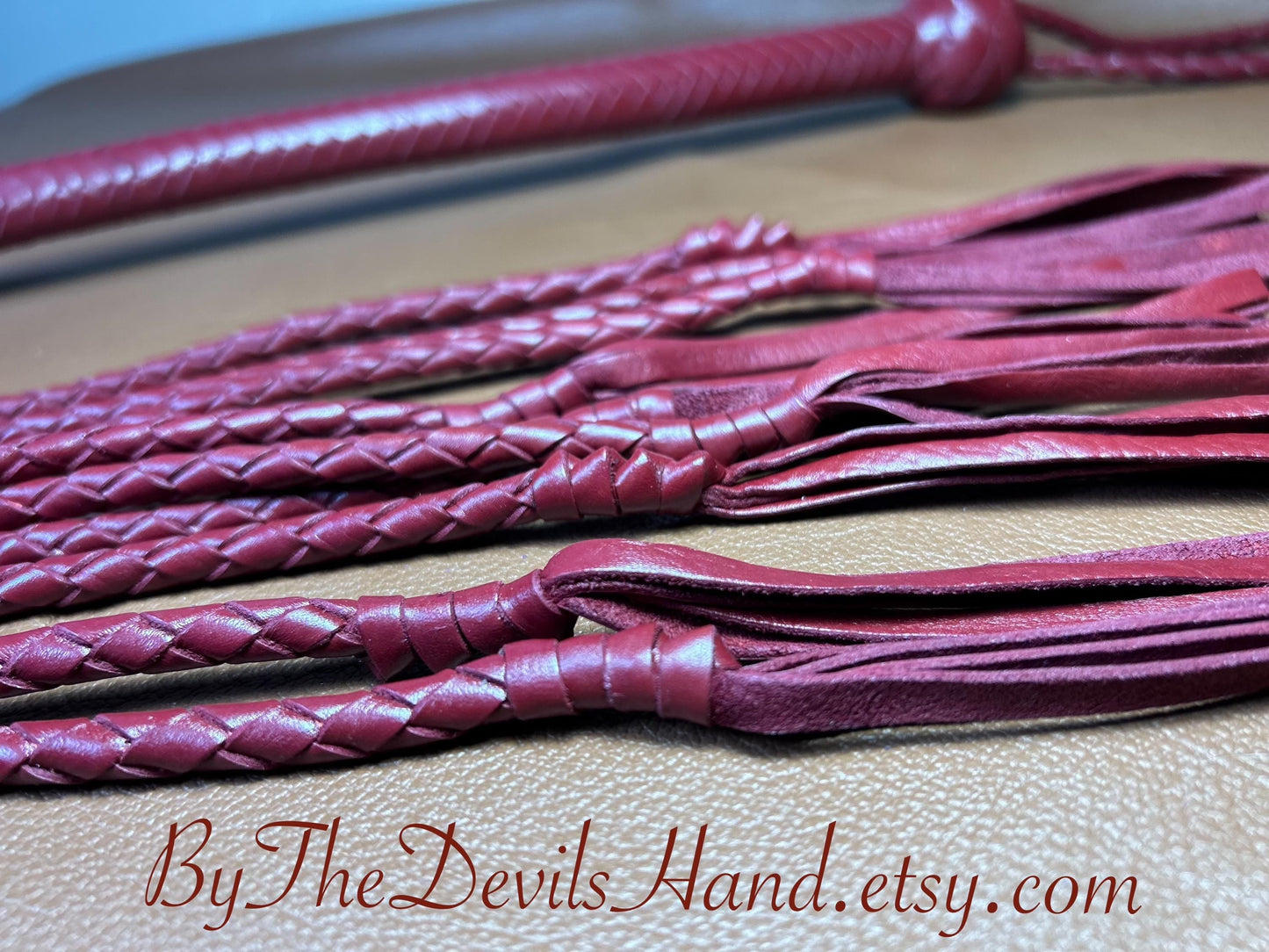 Cat Of Nine Tails  Long Handle  Aztec Red  Lush Rich Color Leather  39 Inches  Cat O Nine Tails