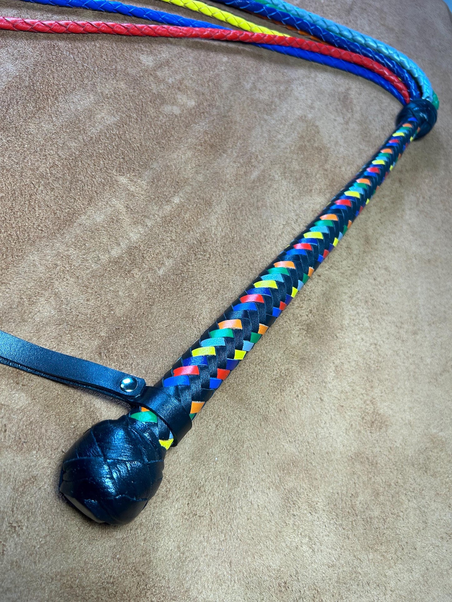 Long Handle Rainbow Flogger - Braided Falls - Cat O Seven Tails - 37 Inches